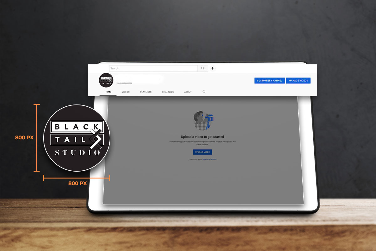 How to Start a $45K/Month YouTube Channel 6 A tablet prompting the user to upload a video to YouTube with the Blacktail Studio logo in the foreground
