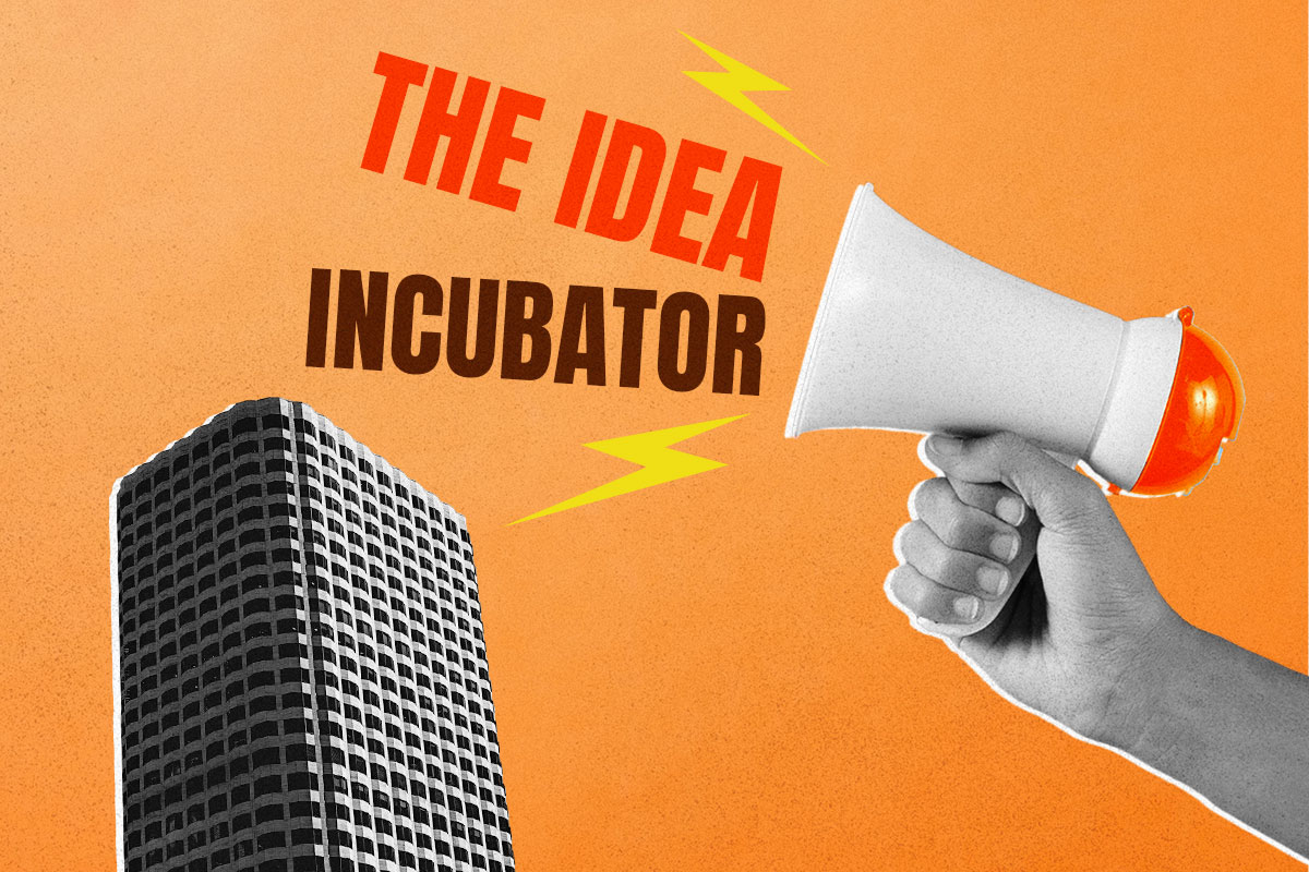 277 Digital Marketing Business Names 4 A person's hand holding a megaphone with lightning and the name The Idea Incubator coming out.