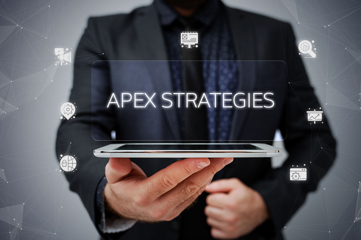 277 Digital Marketing Business Names 8 A man in a suit holding a tablet with the name Apex Strategies hovering above it.