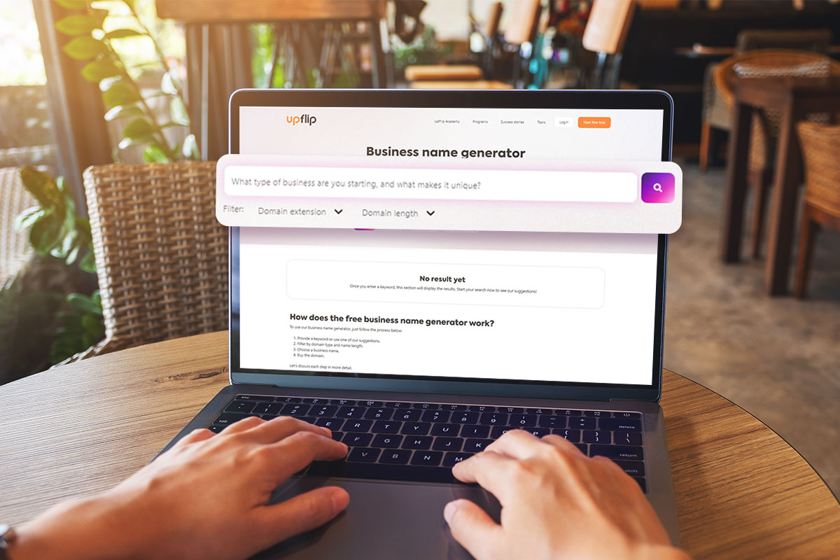 Laptop open to the UpFlip business name generator