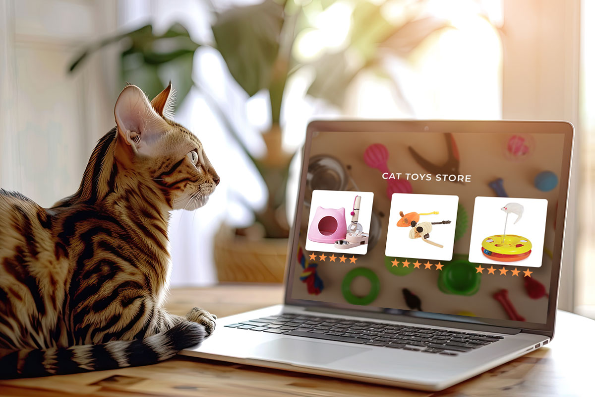 27 Profitable Pet Business Ideas for You to Start in 2025 11 A cat with its paw on a laptop looking at a website that sells cat toys
