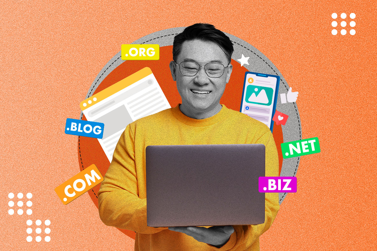A man holding a laptop surrounded by social media logos and domain name ideas.