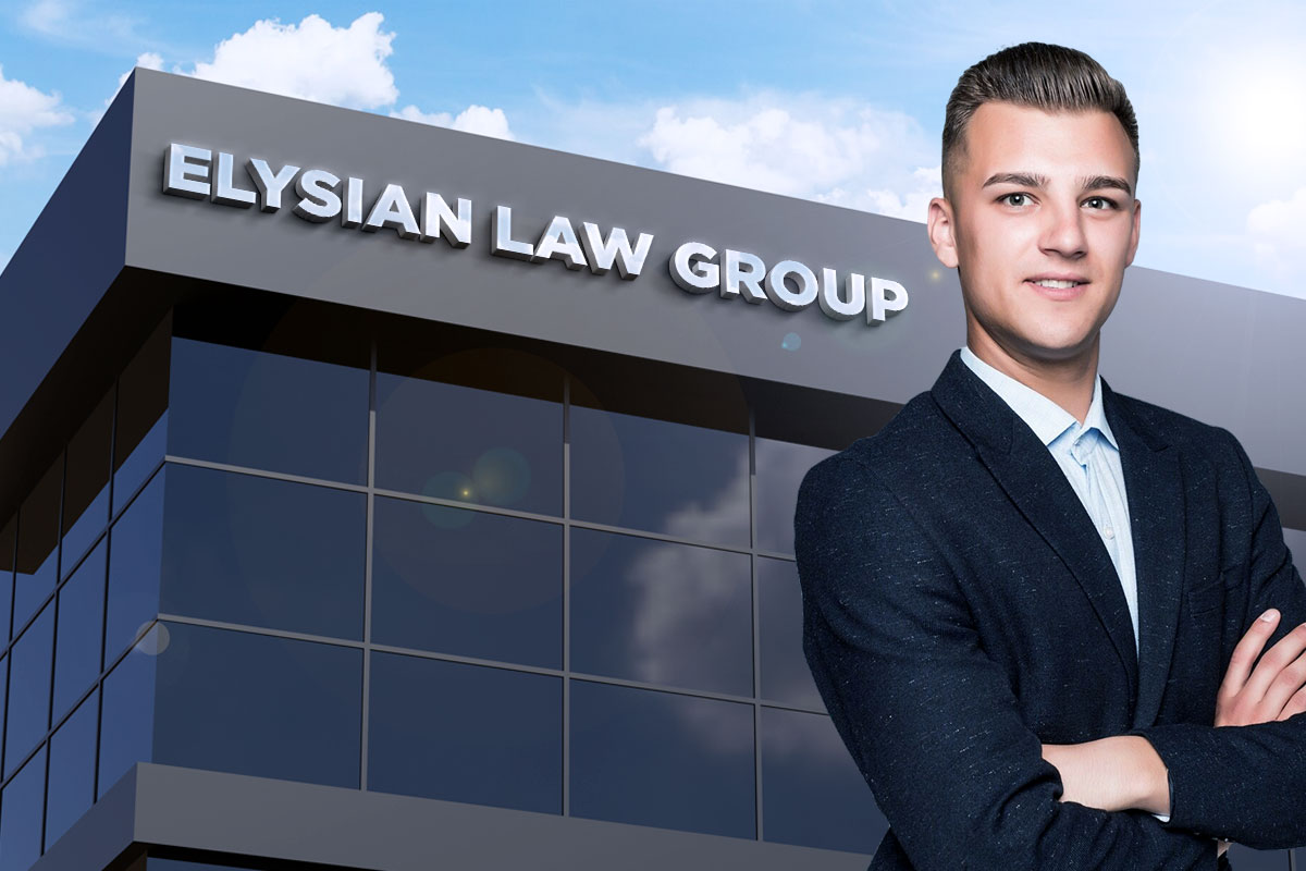 337 Law Firm Names 8 A lawyer in a suit standing outside an office building for Elysian Law Group.