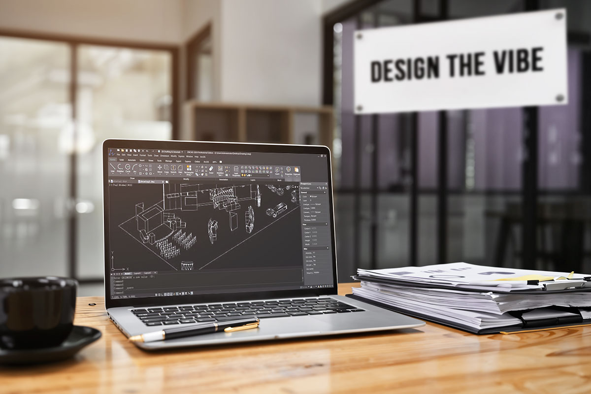 Interior of a business showing a sign that says Design the Vibe and a laptop open to a blueprint of a venue.