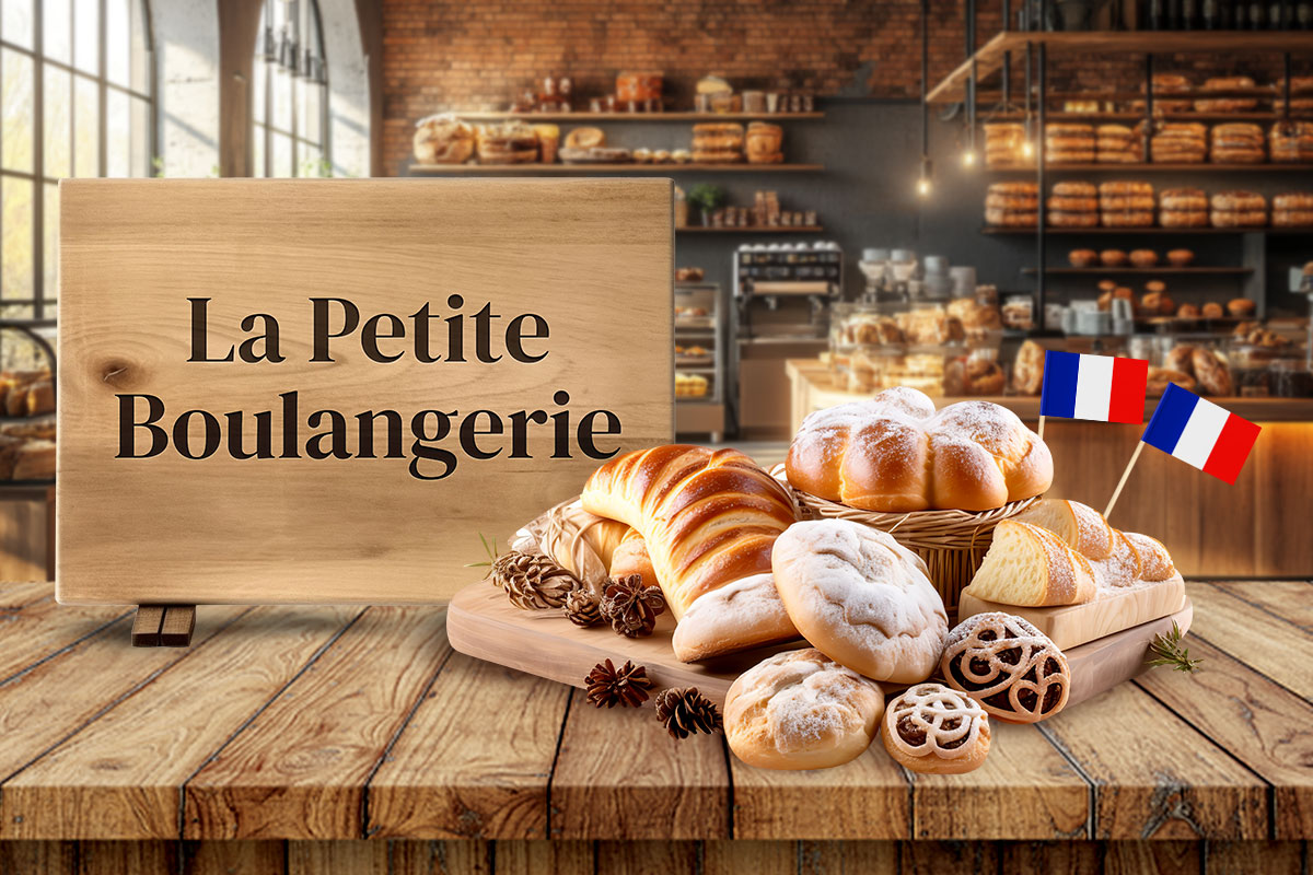 Bread and pastries on a table with French flags next to a cutting board with the name La Petite Boulangerie