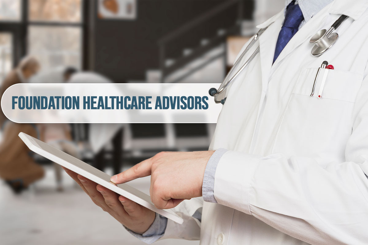 425 Consulting Business Names 3 A doctor in a white coat using a tablet with a bubble that says Foundation Healthcare Advisors.