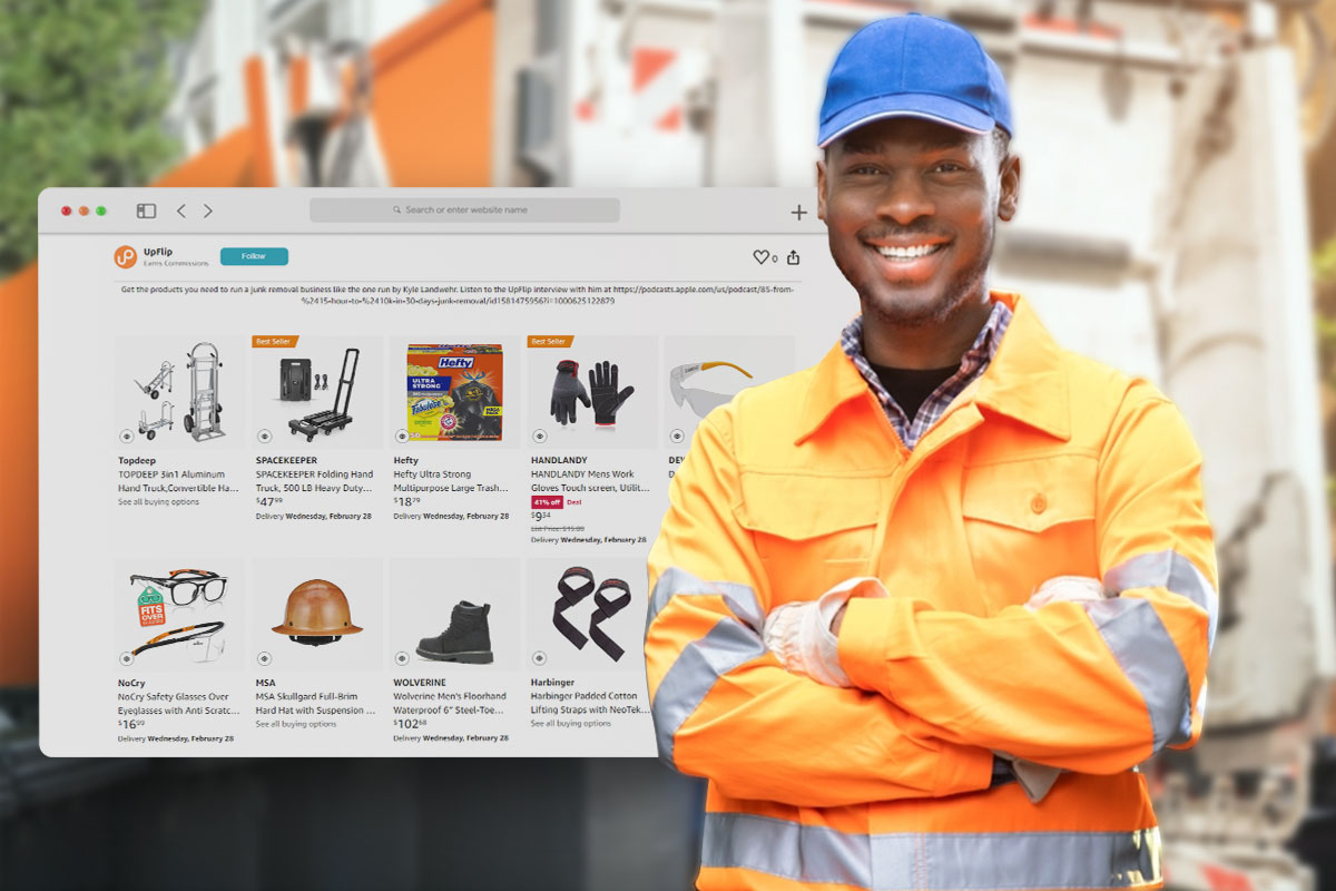 How to Start a $2.5M/Year Junk Removal Business 8 A junk removal business owner standing next to a garbage truck and a screenshot of an online store selling safety equipment.