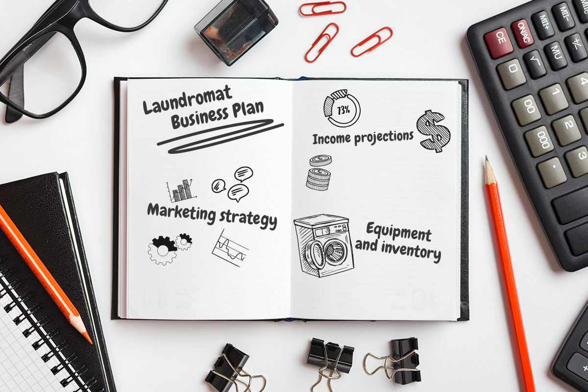 Laundromat Business Plan: Expert Advice From a $1.8M/Year Business Owner 2 A notebook open to a laundromat business plan with doodles representing income projections, marketing, and equipment