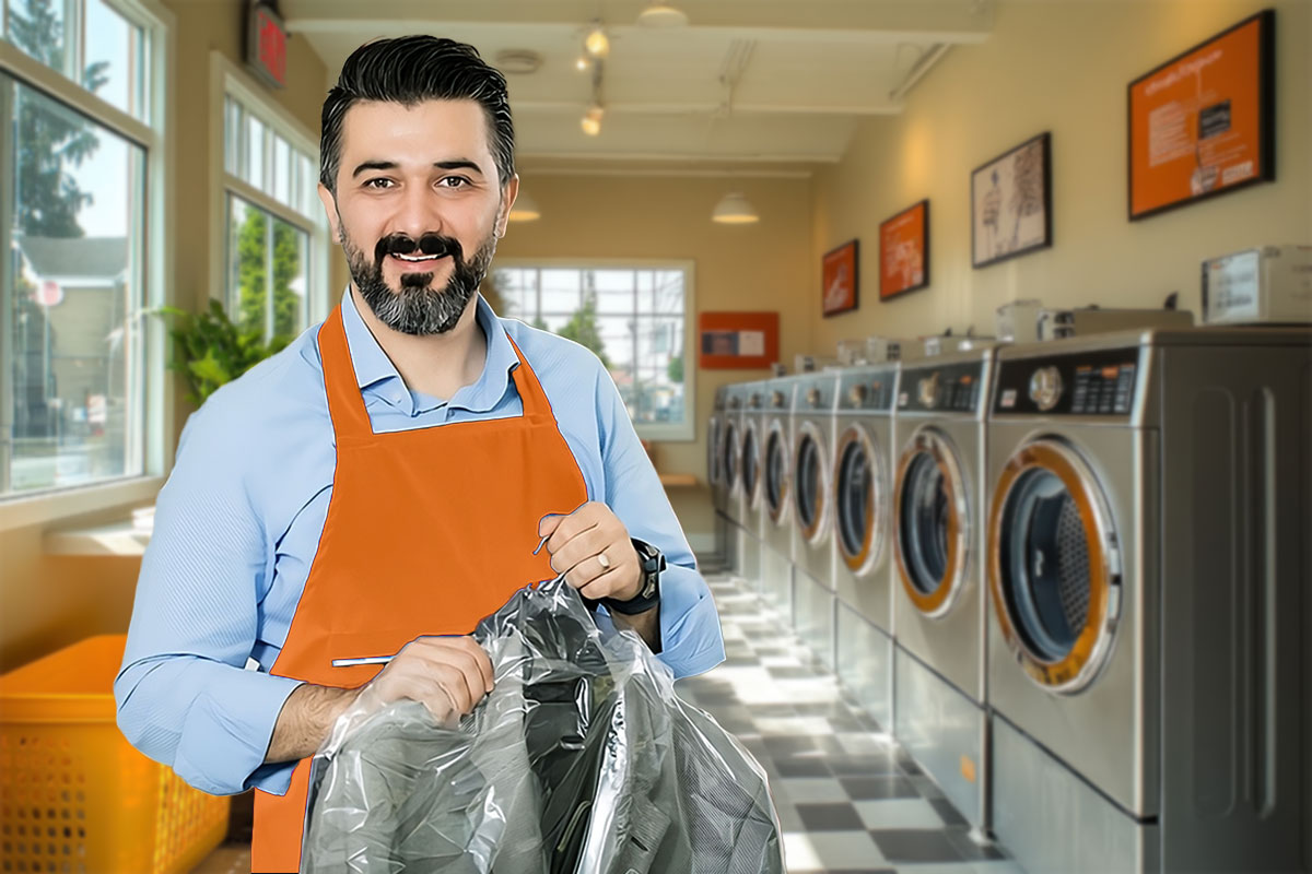 Laundromat Business Plan: Expert Advice From a $1.8M/Year Business Owner 3 An employee in a laundromat holding a dry cleaned suit jacket wrapped in plastic