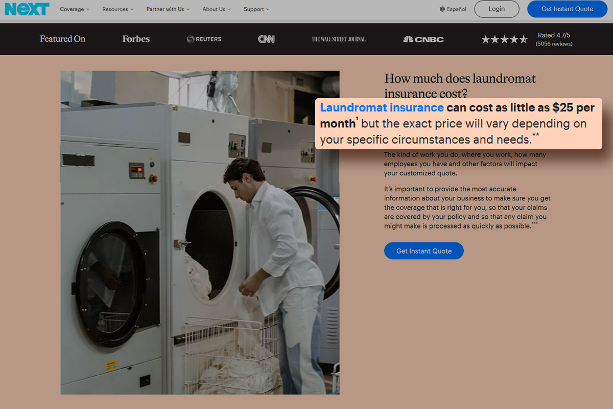 A Next Insurance article explaining the cost of laundromat insurance