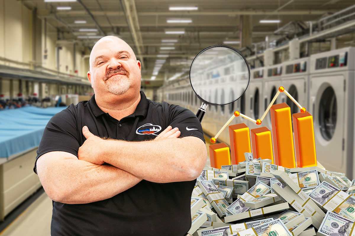 Laundromat Business Plan: Expert Advice From a $1.8M/Year Business Owner 1 Owner of Queen City Laundry posing in a laundromat next to a pile of cash and a bar graph showing growth