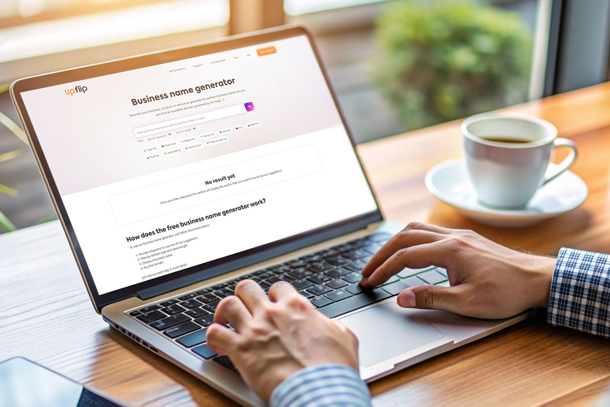 337 Law Firm Names 3 A person on a laptop using the UpFlip business name generator.