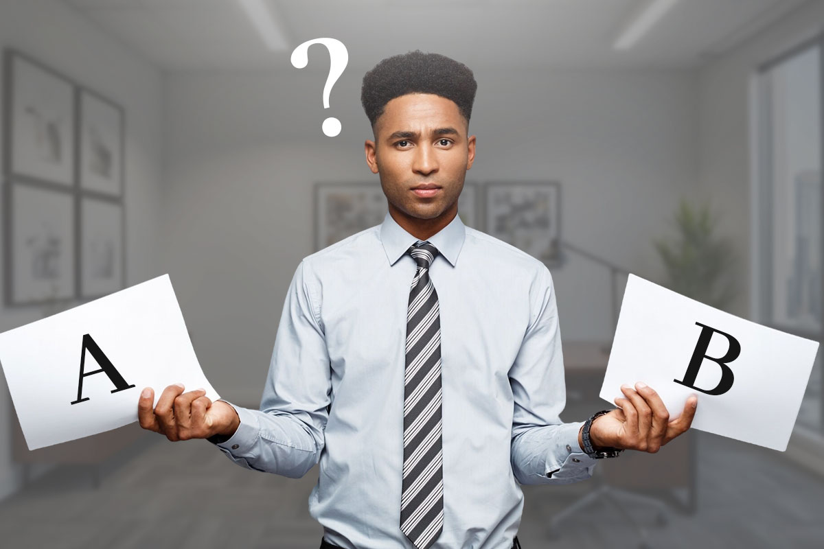 337 Law Firm Names 2 An attorney holding cards labeled A and B to represent deciding between two law firm names.