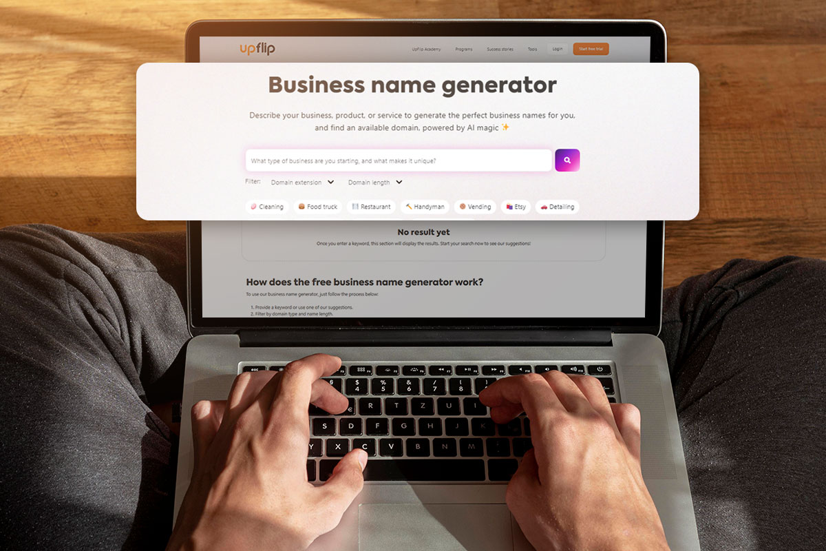 277 Digital Marketing Business Names 2 A person using a laptop open to the UpFlip business name generator.