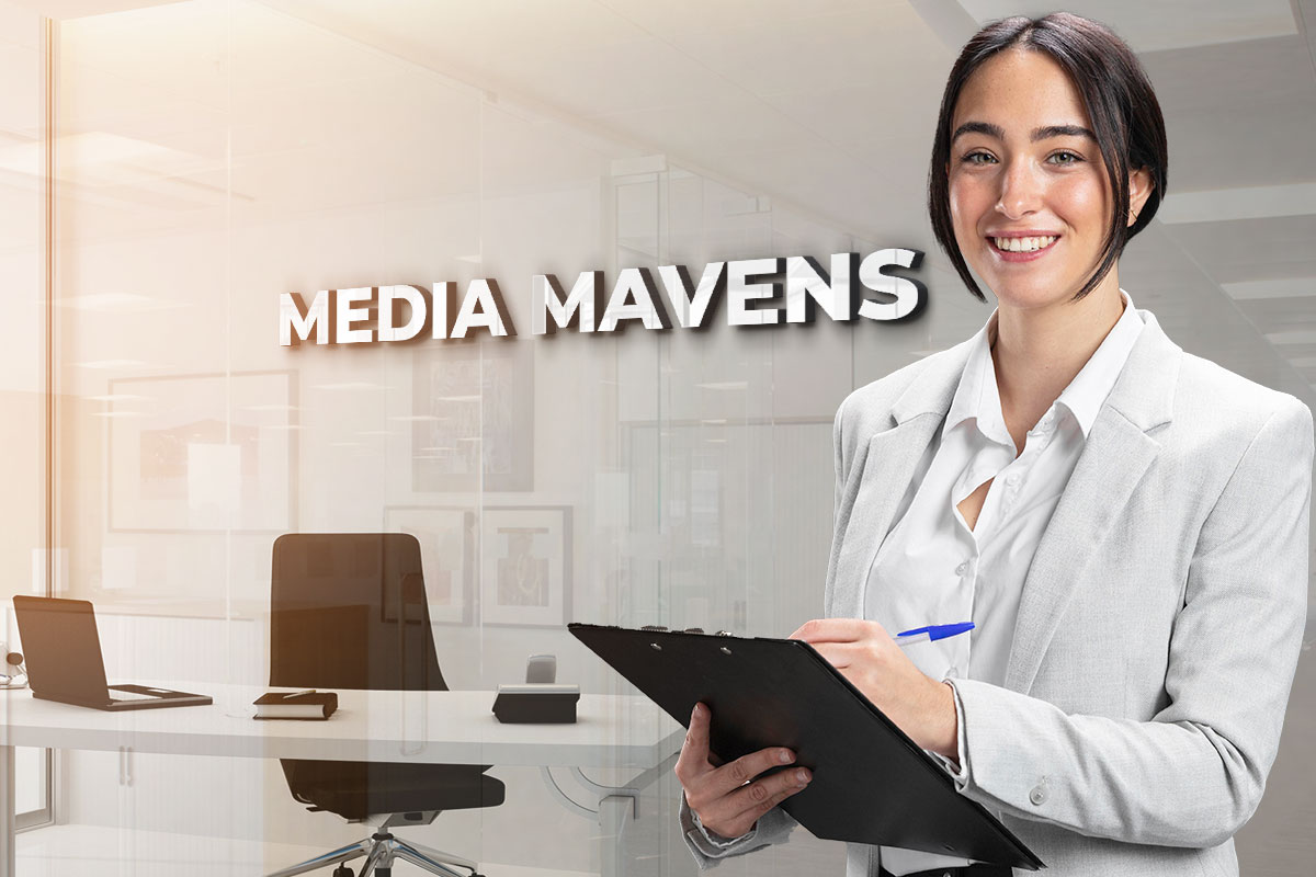 277 Digital Marketing Business Names 5 A woman in a suit holding a clipboard with an office in the background and a sign that says Media Mavens.