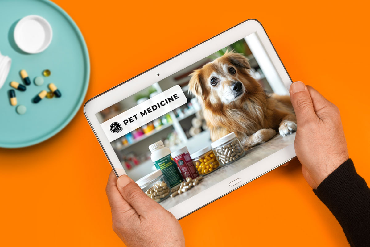 27 Profitable Pet Business Ideas for You to Start in 2025 12 A person's hands holding a tablet and looking at a picture of a dog and pills while researching pet medicine