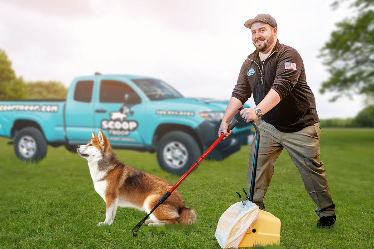 27 Profitable Pet Business Ideas for You to Start in 2025 1 A pooper scooper business owner cleaning a lawn with a dog and work truck in the background