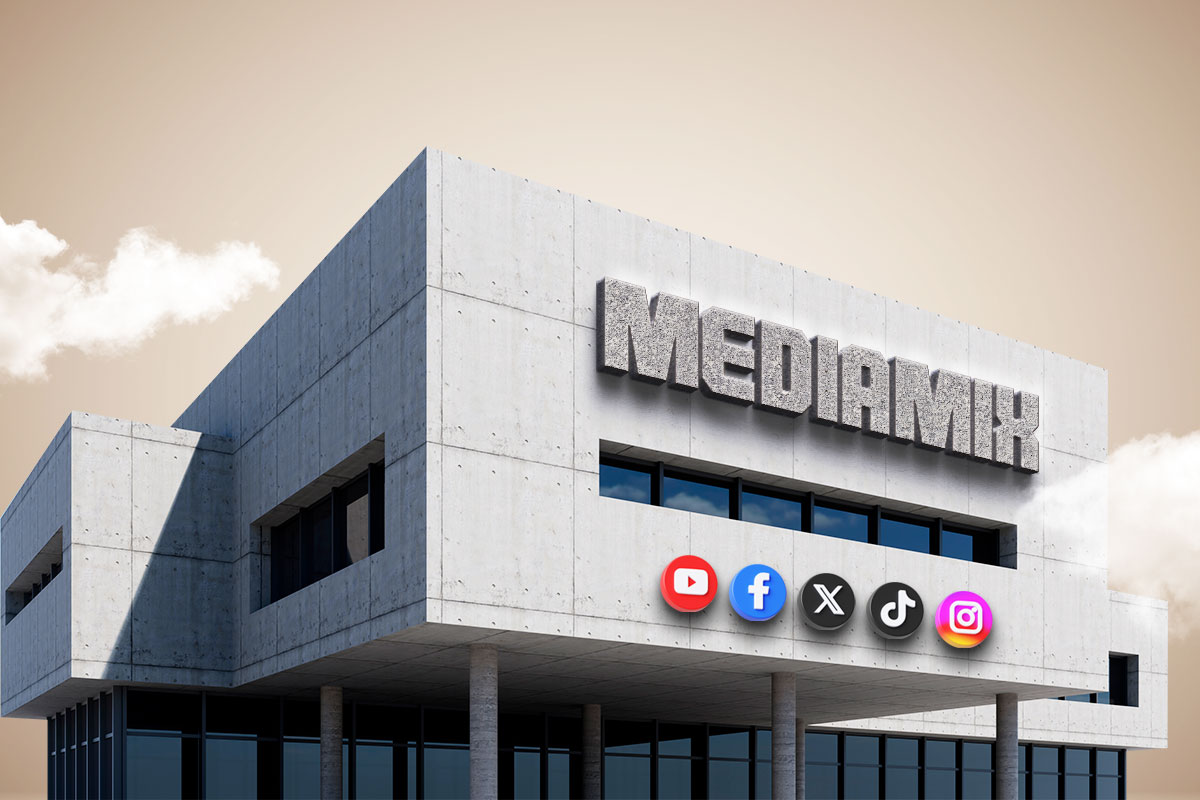 277 Digital Marketing Business Names 3 A large concrete building with social media logos on the front with the name Mediamix.