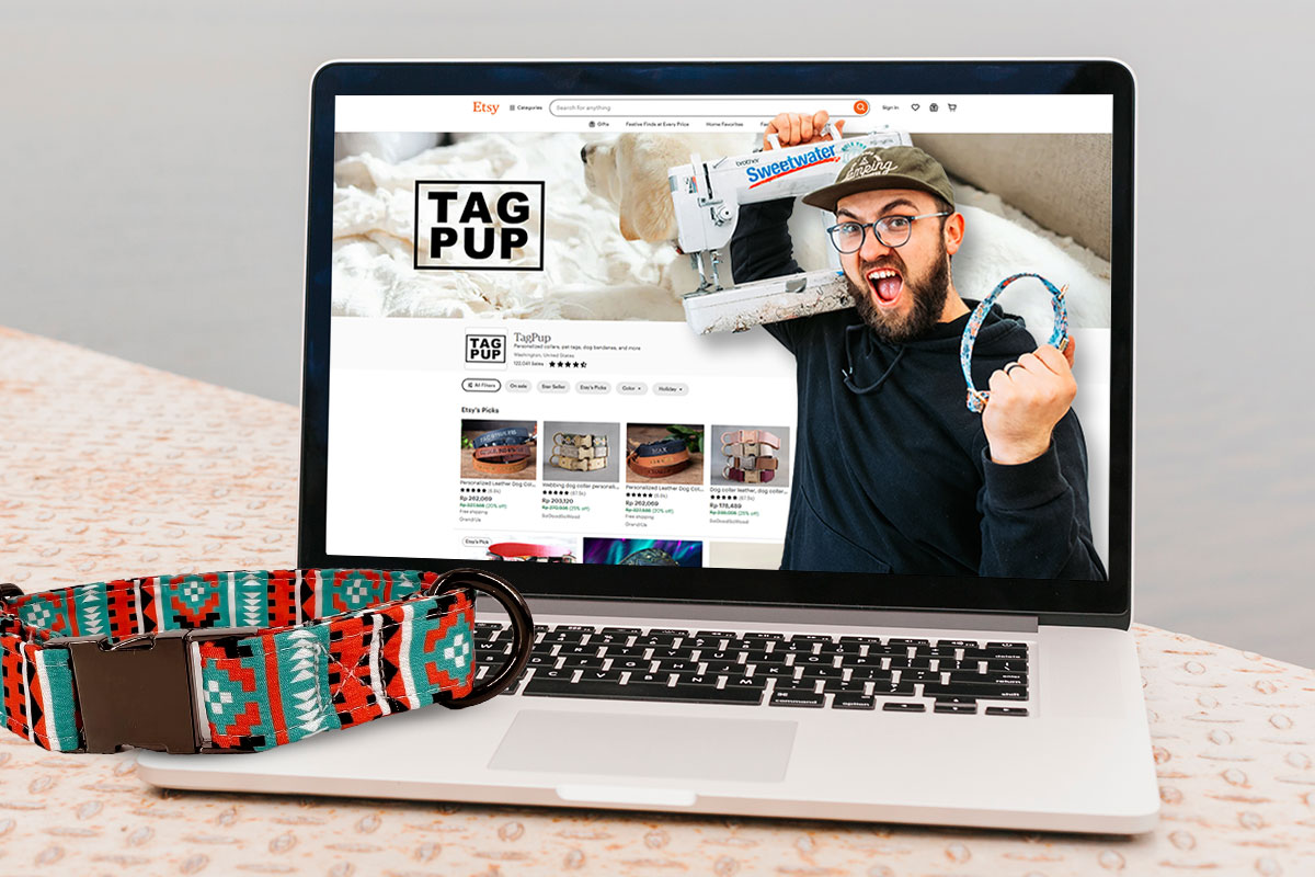 27 Profitable Pet Business Ideas for You to Start in 2025 10 A laptop open to the Tag Pup Etsy store with a picture of the owner popping up on one side of the screen