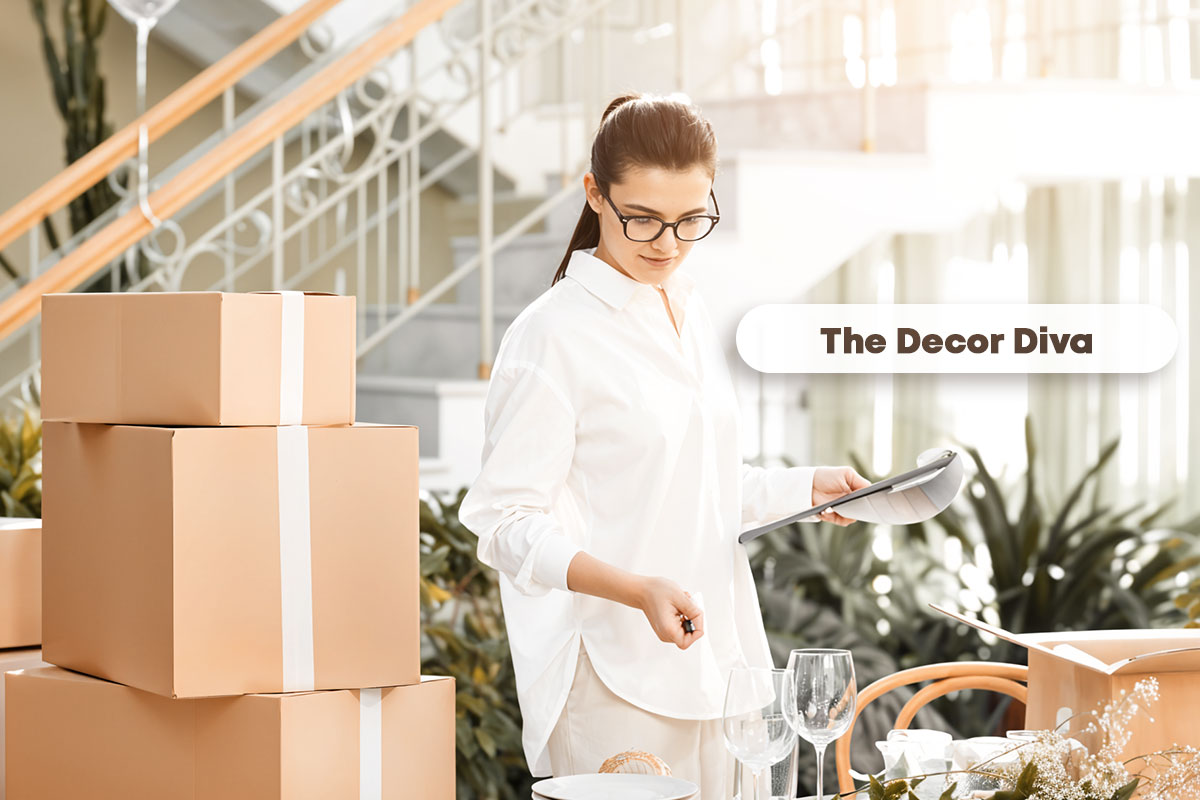 An event planner holding a clipboard and checking inventory next to a bubble with the business name The Decor Diva.