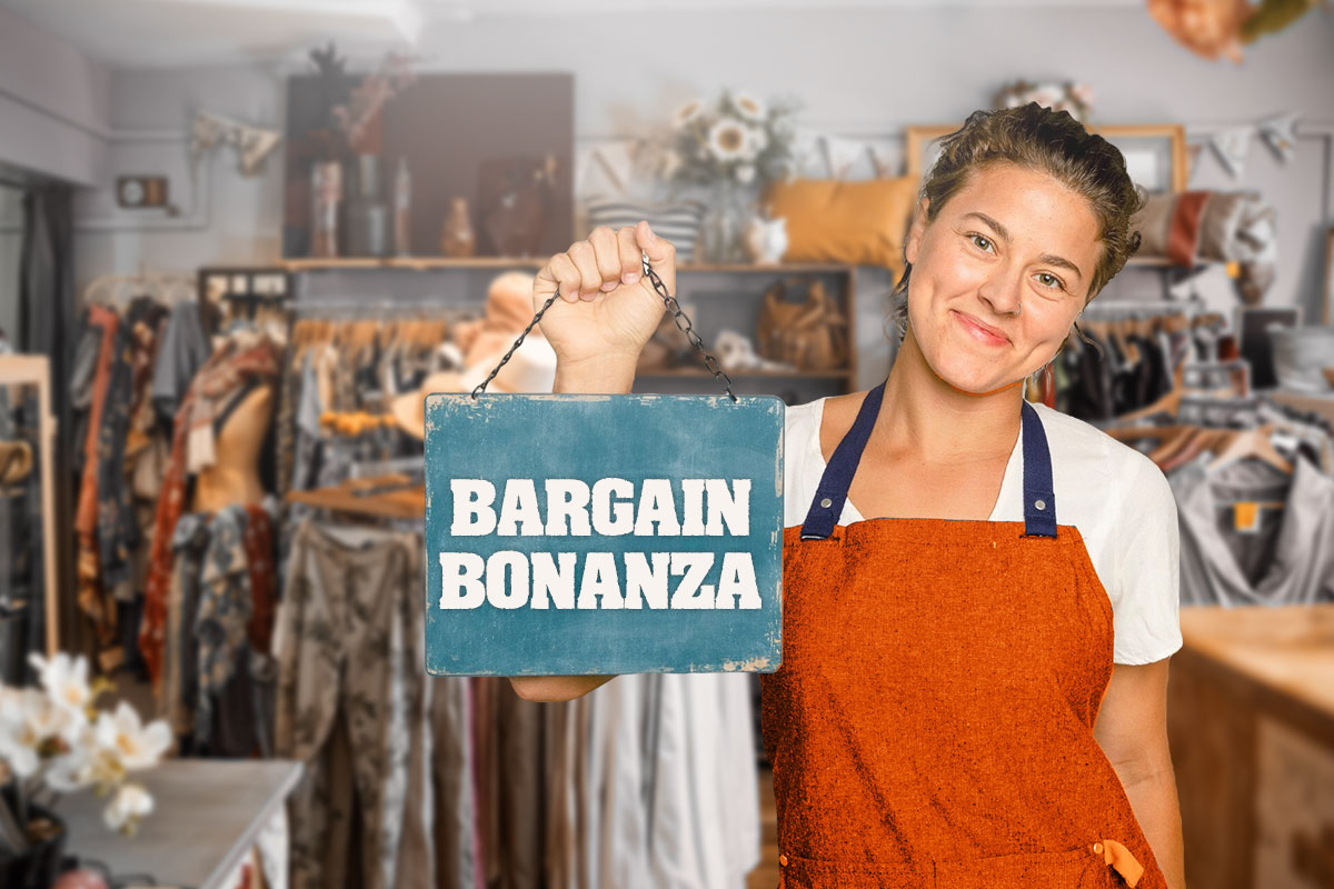 477 Best Thrift Store Names 4 A thrift store owner standing in front of clothing racks holding a sign that says Bargain Bonanza.