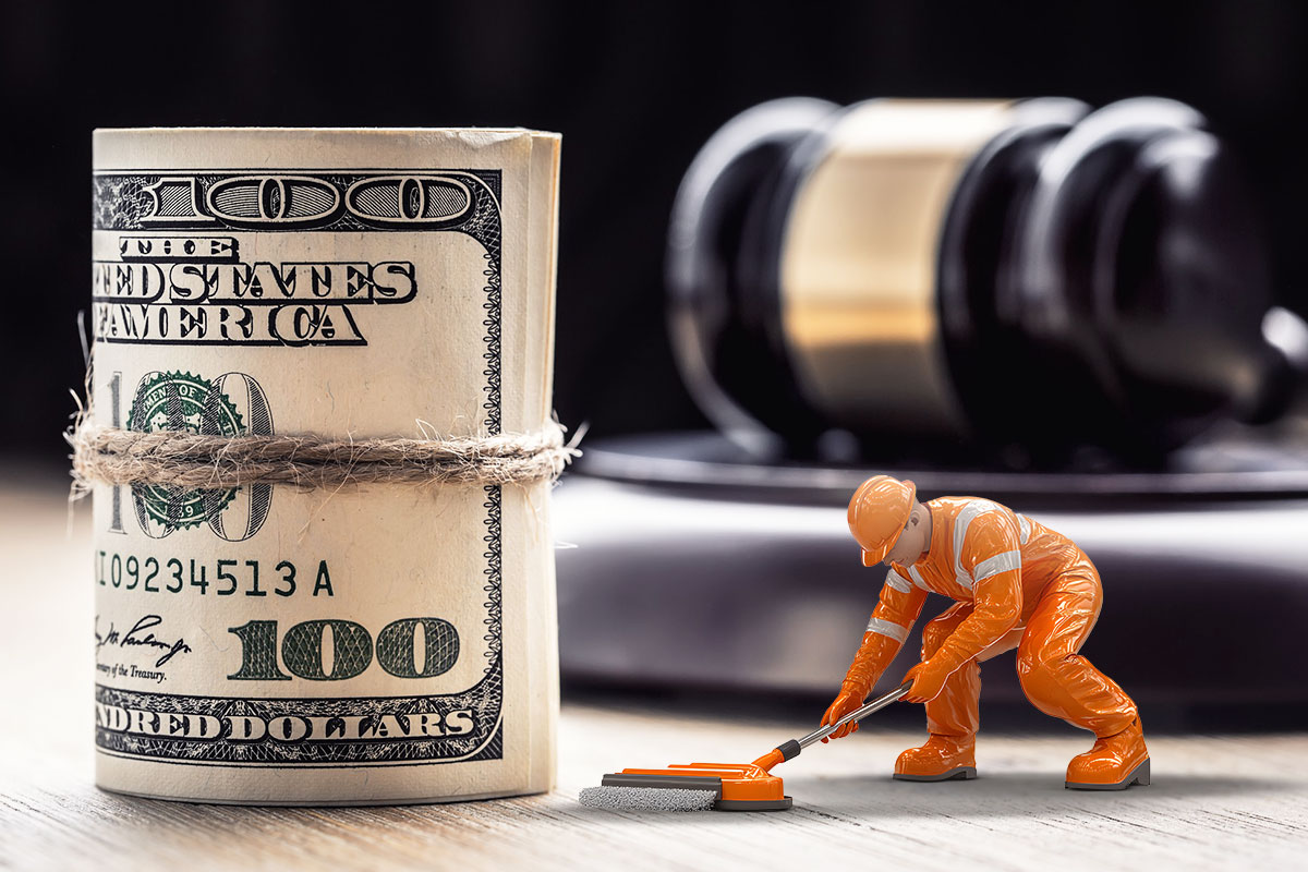 A rolled-up wad of cash next to a gavel and a figurine with a mop.