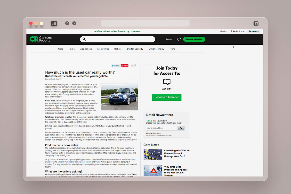 How to Start a Used Car Dealership 13 A screenshot of a Consumer Reports article about the worth of a used car.