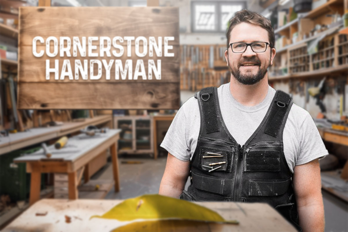 Handyman Business Names: 595 Unique Names 4 A handyman in a workshop next to a sign that says Cornerstone Handyman.