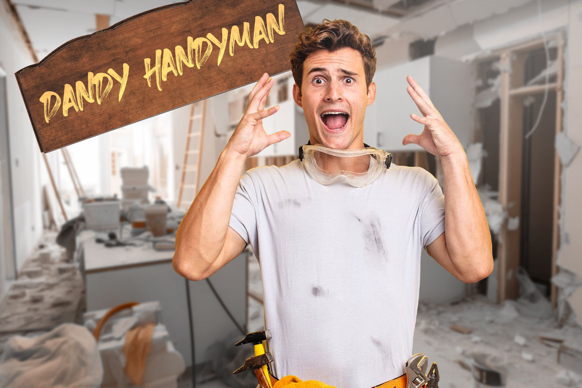 Handyman Business Names: 595 Unique Names 9 An upset handyman throwing up his hands and yelling next to a sign that says Dandy Handyman.