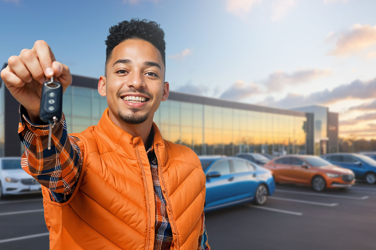 How to Start a Used Car Dealership 9 A customer holding out a car key while standing in the parking lot of a dealership.