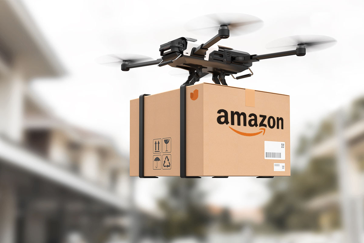 A drone carrying an Amazon package in a residential neighborhood.