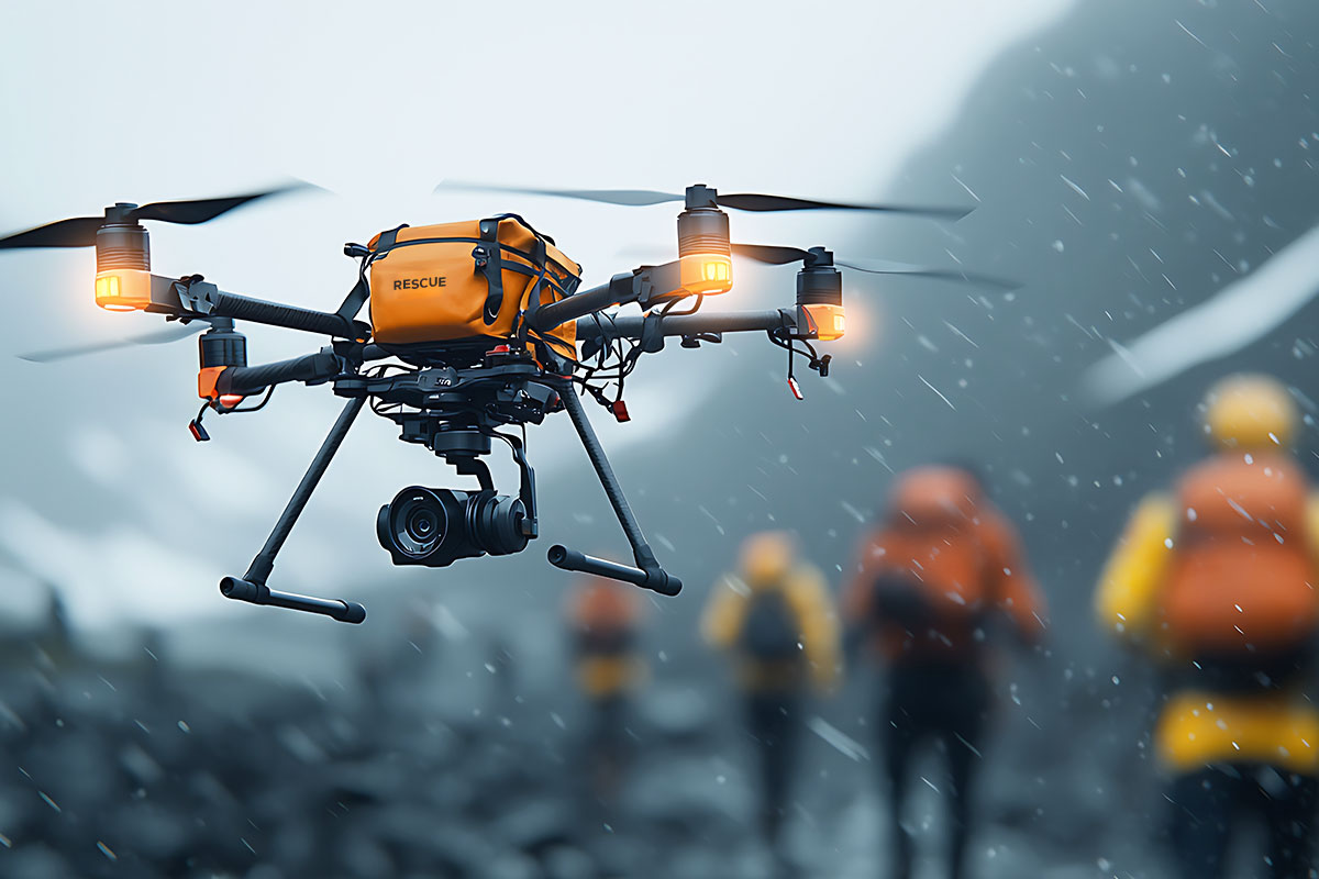 A drone with a rescue kit on top flying behind a group of emergency responders.