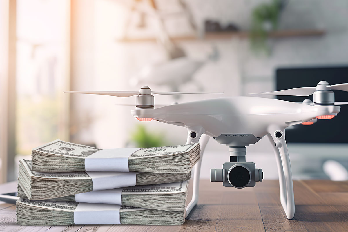 A stack of money on a table next to a drone in a residential home.
