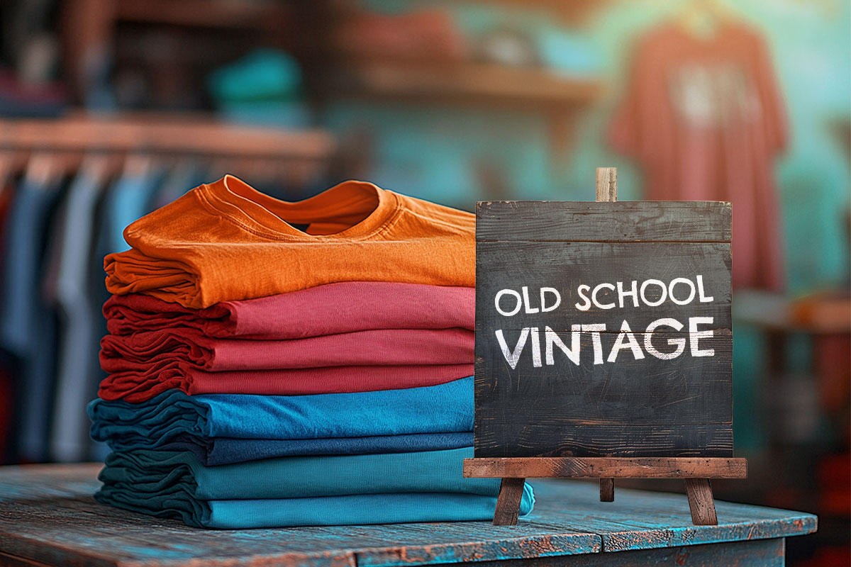 477 Best Thrift Store Names 3 A stack of folded shirts next to a wooden sign that says Old School Vintage.