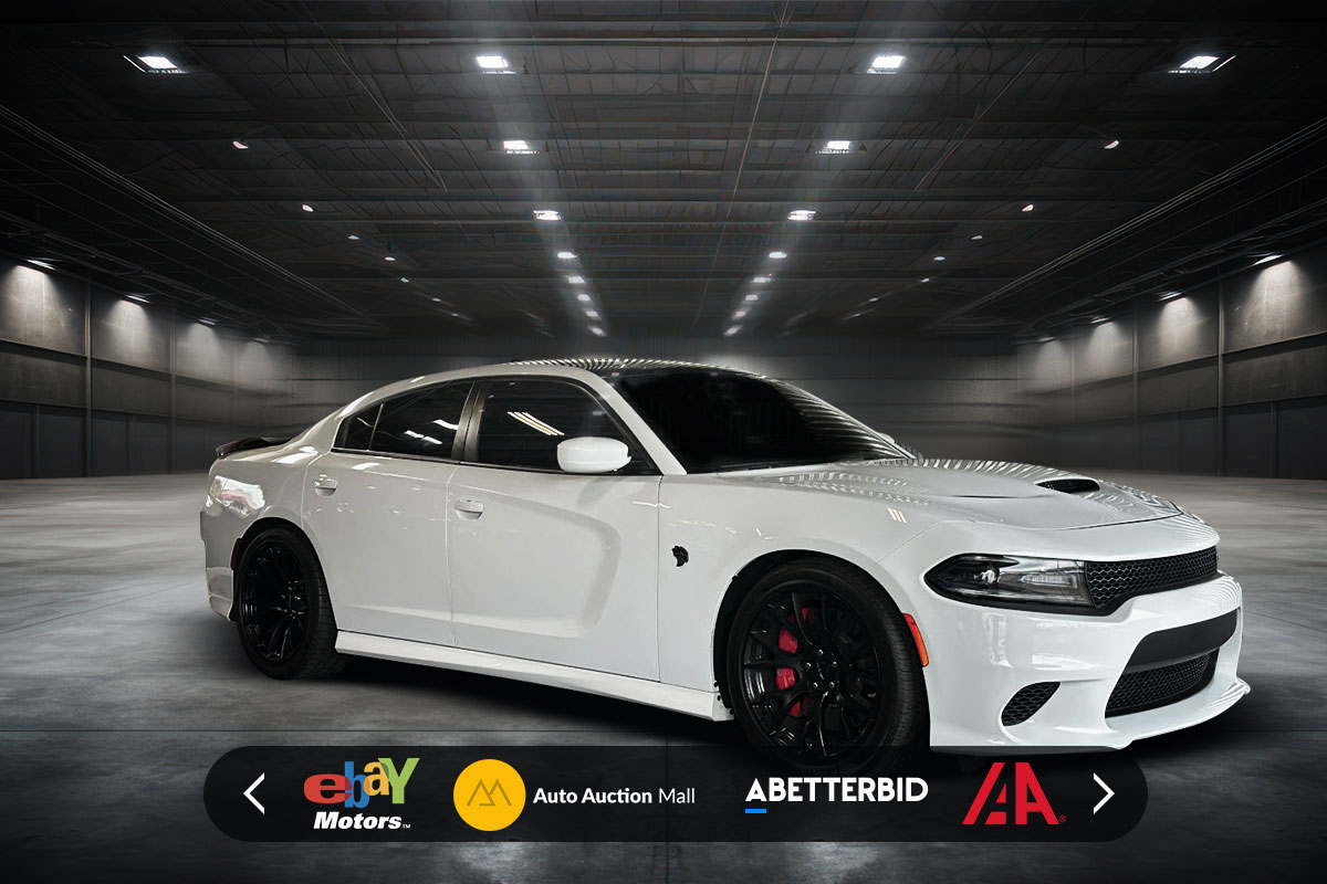 How to Start a Used Car Dealership 14 A white car in an empty warehouse next to logos for eBay Motors, Auto Auction Mall, and other online marketplaces.