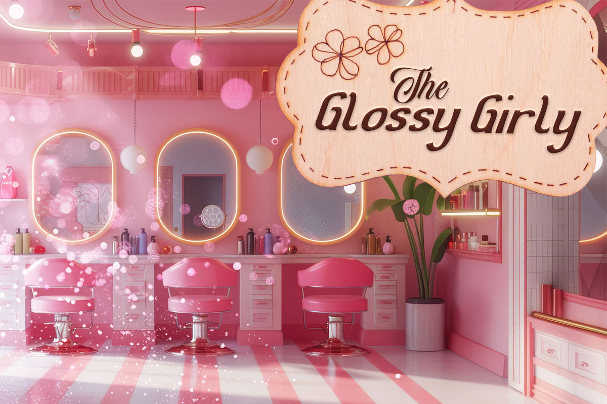 Interior view of a pink hair salon with a sign that says The Glossy Girly.