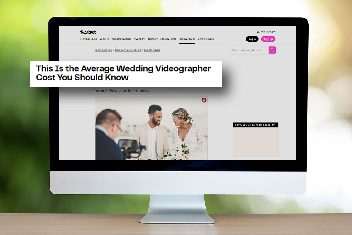 A computer monitor showing an article from The Knot about the average cost of a wedding videographer.