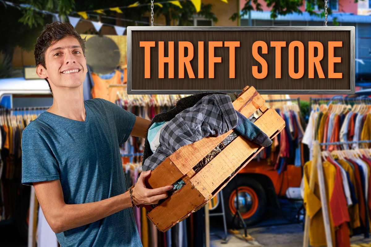 477 Best Thrift Store Names 1 A thrift store customer holding a wooden crate full of clothes next to a sign that says thrift store.