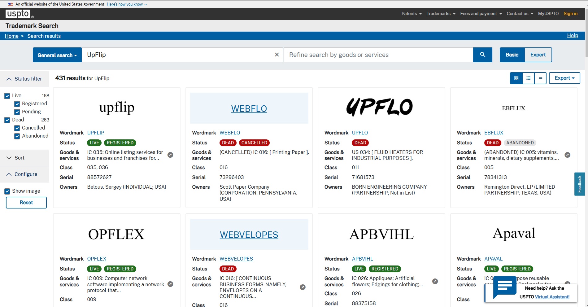 How to Trademark a Name in 5 Steps 5 A screenshot of the US Patent and Trademark Office search results for UpFlip.