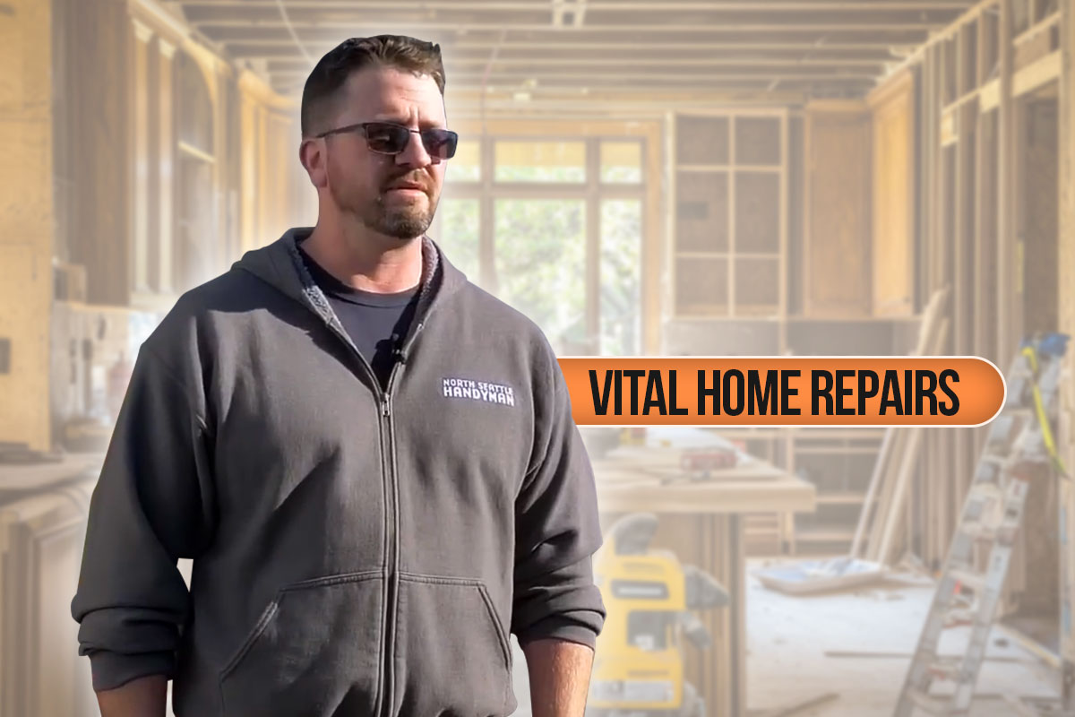 Handyman Business Names: 595 Unique Names 6 A handyman business owner at a job site with a bubble that says Vital Home Repairs.