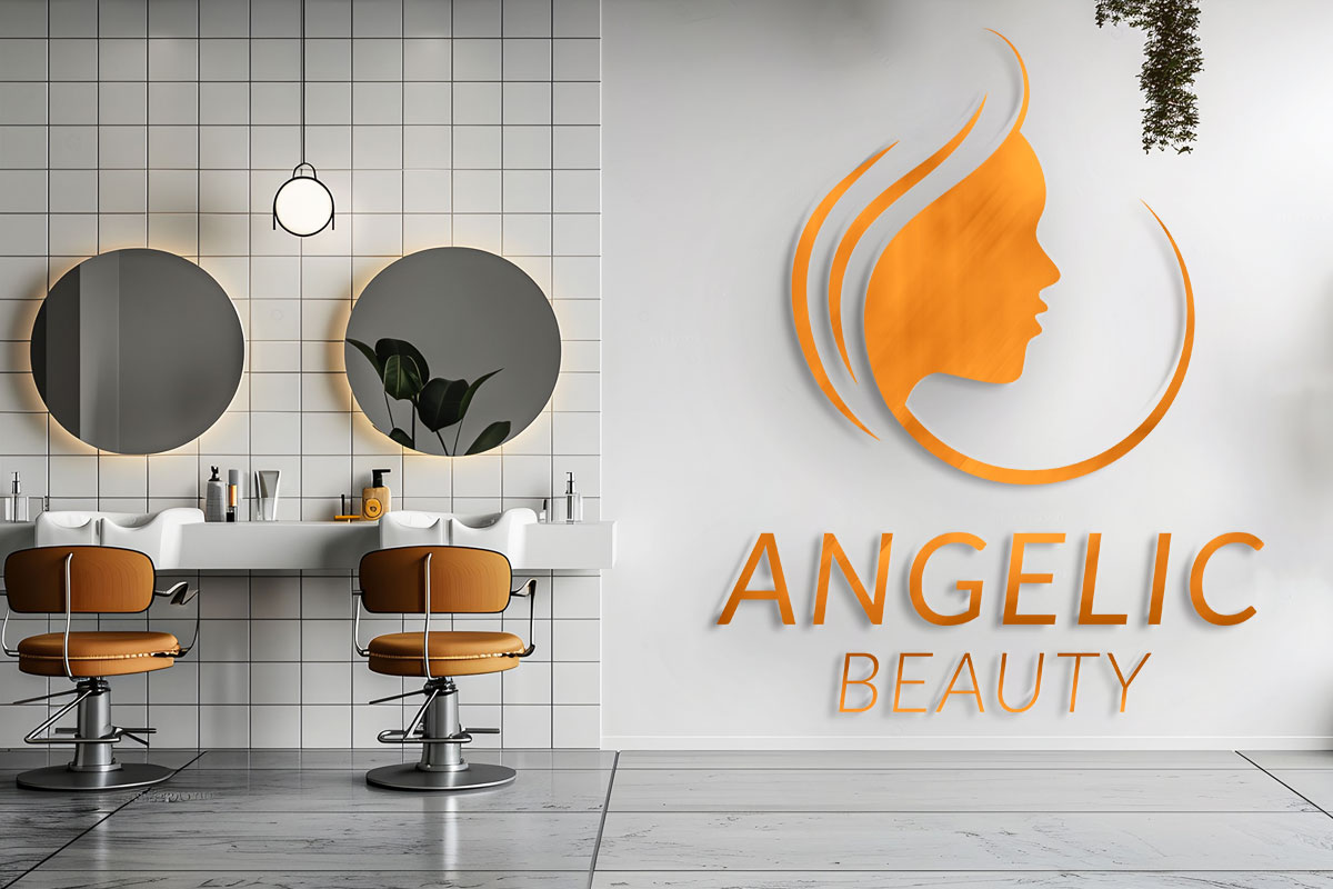 A small hair salon with a sign that says Angelic Beauty on the wall.