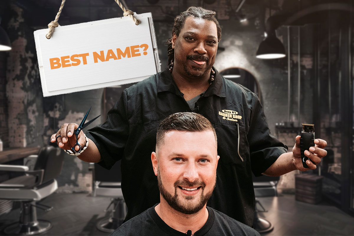 The owner of Busy Bs Barbershop cutting a client's hair next to a hanging sign that says best name?