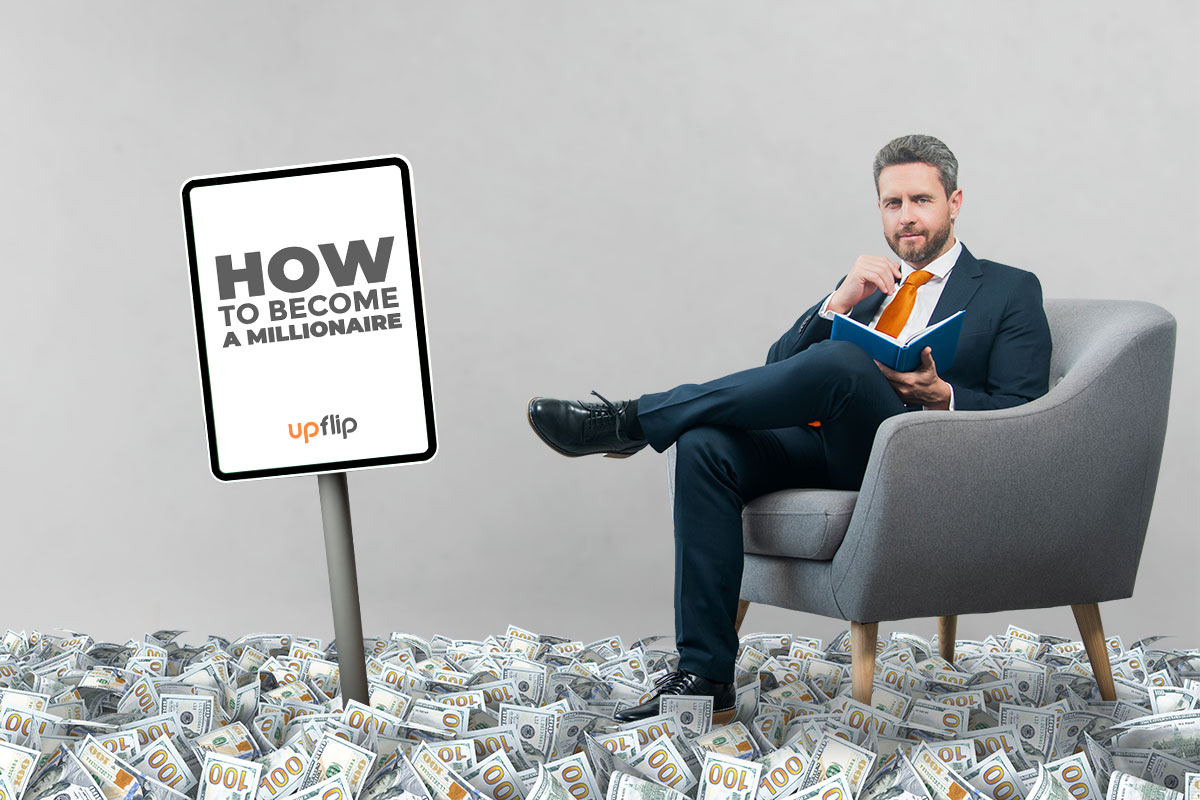 How to Become a Millionaire 50X Over 5 A businessman in a chair on a pile of cash next to a sign that says how to become a millionaire.