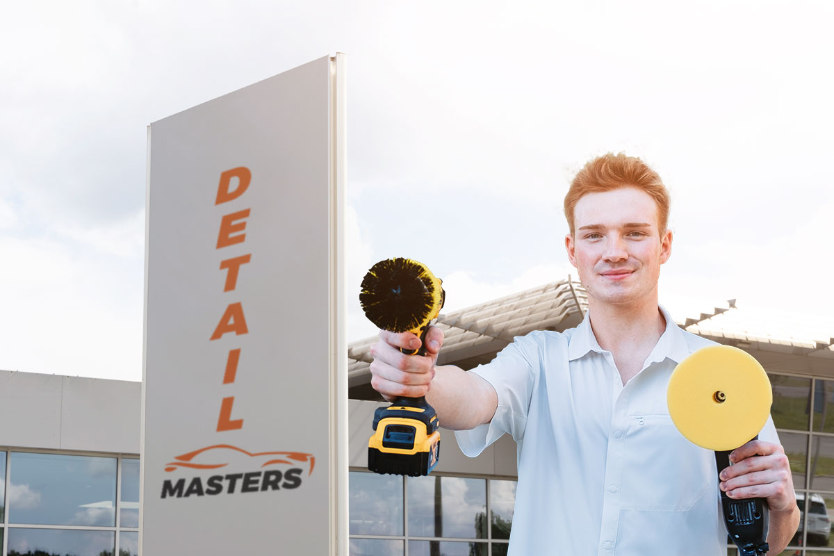 The owner of GoDetail holding car detailing tools outside of a building with a sign that says Detail Masters.