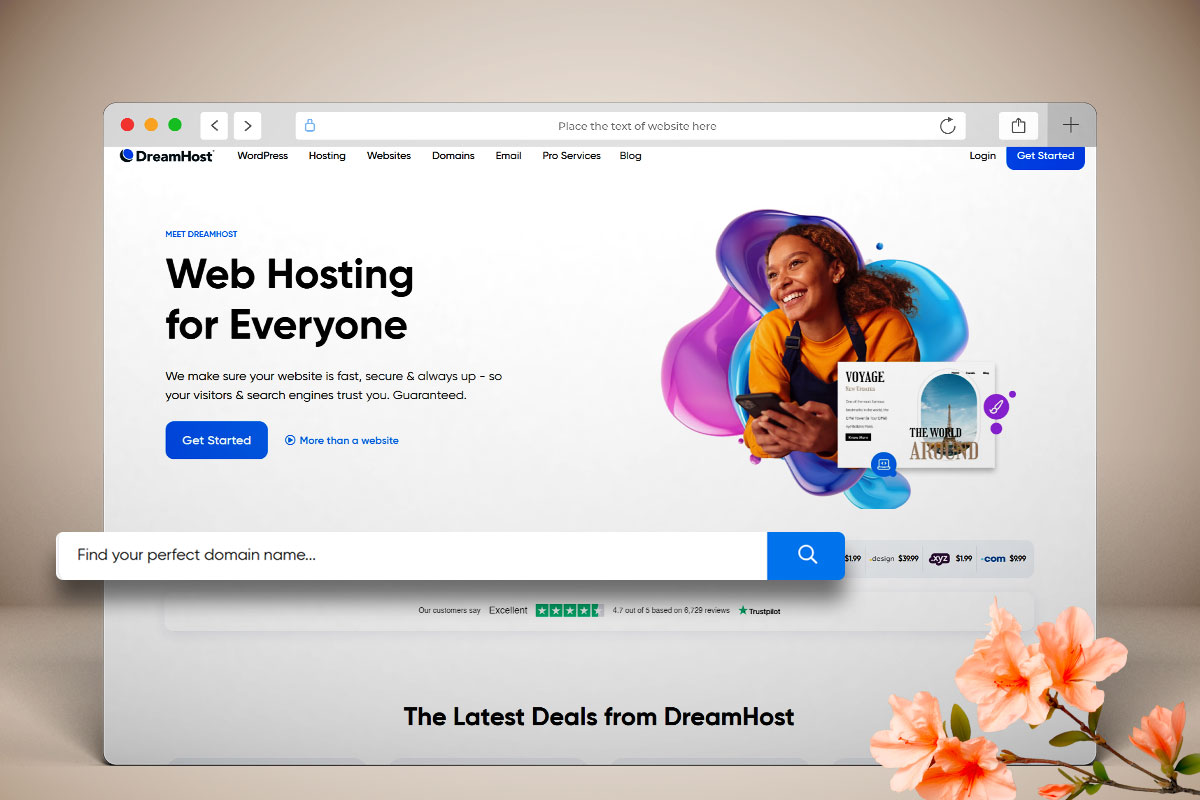 The DreamHost search page to look up available domain names for purchase.