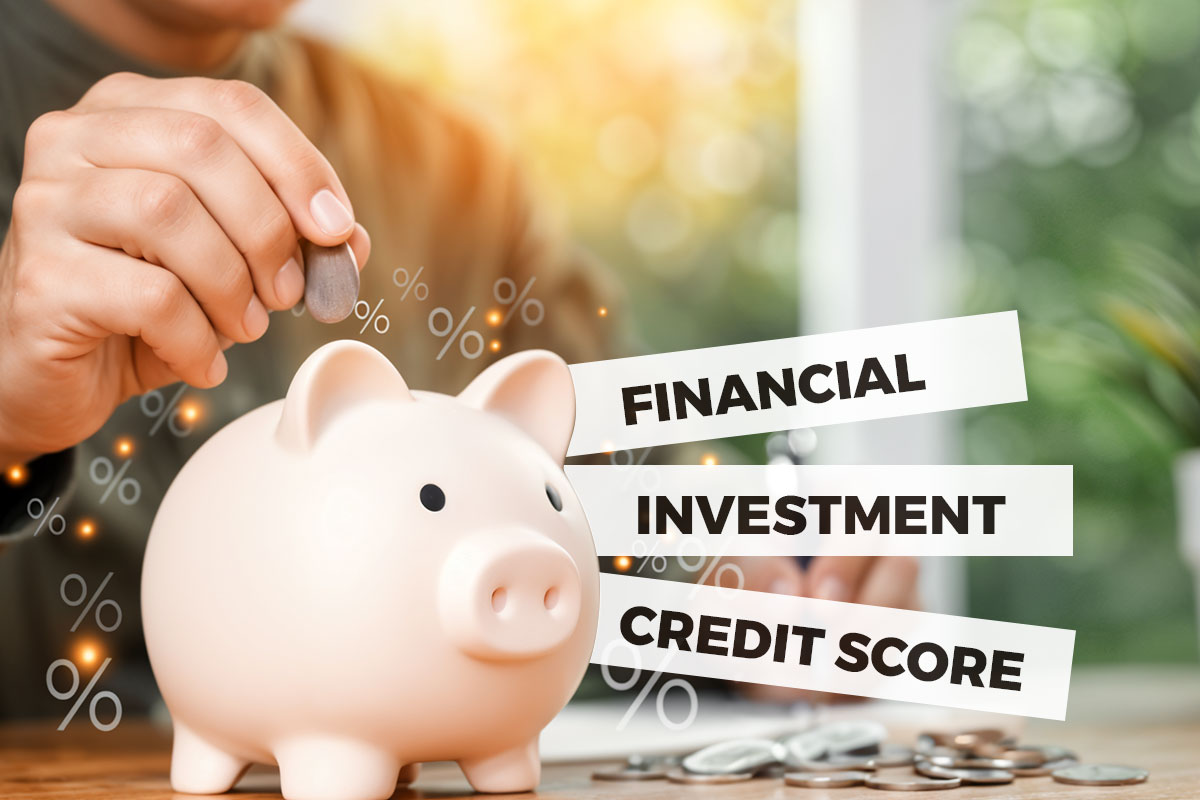 A person putting a coin into a piggy bank with tabs nearby labeled financial, investment, and credit score.