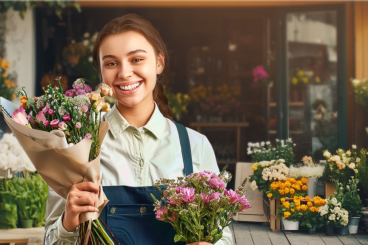 A smiling florist holding a bouquet in each hand while standing outside a flower shop.