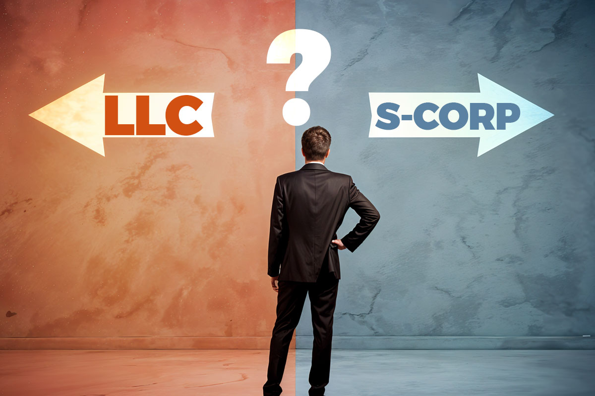 S Corp vs LLC: Which Is Better? 1 A businessman with a question mark over his head looking between two arrows with S corp pointing to the right and LLC pointing to the left.