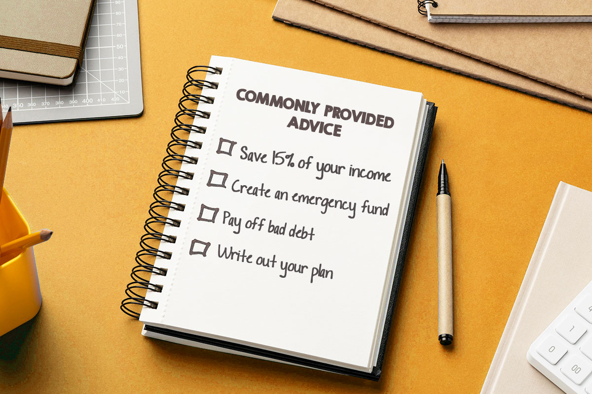 How to Become a Millionaire 50X Over 2 A notebook with commonly provided advice like paying off bad debt and creating an emergency fund.