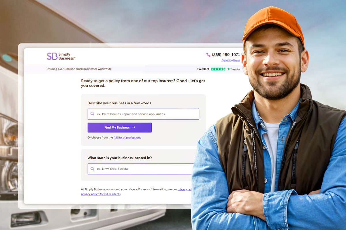 A business owner standing in front of a screen showing the Simply Business page about obtaining an insurance quote.